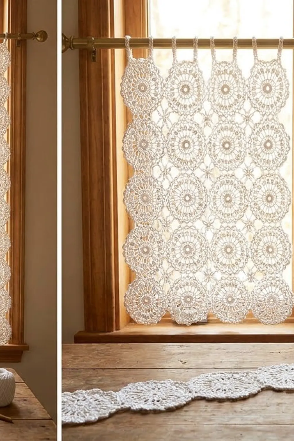 Cream crocheted lace curtain with circular mandala patterns hangs on brass rod, filtering warm light in a rustic wood interior.