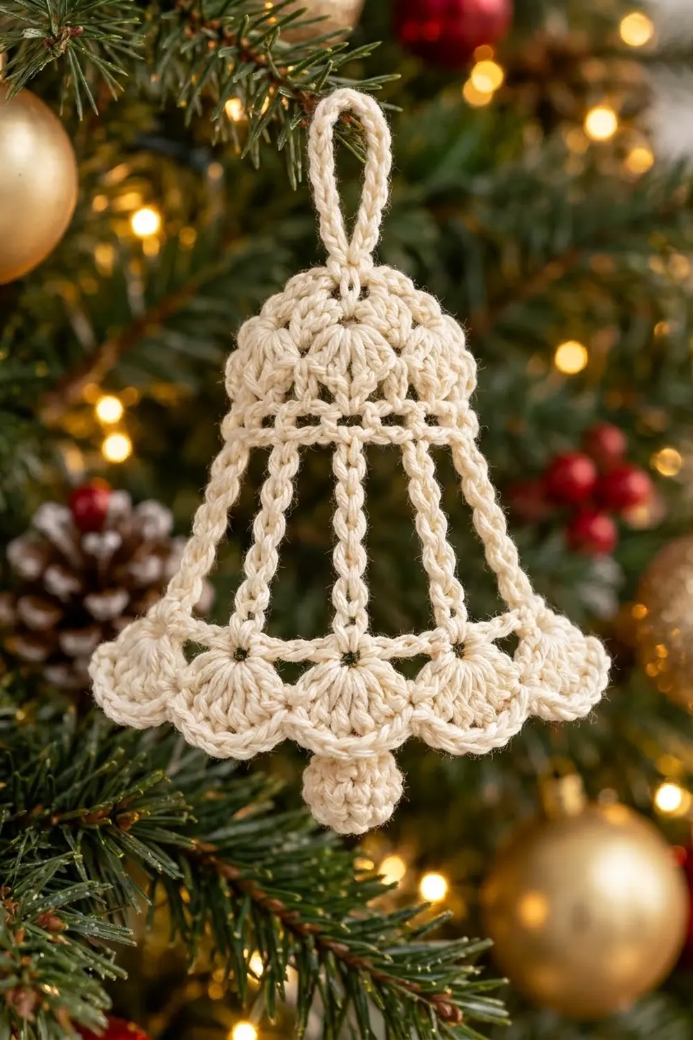 Cream crocheted bell ornament hanging on a decorated Christmas tree with lights and red ornaments.