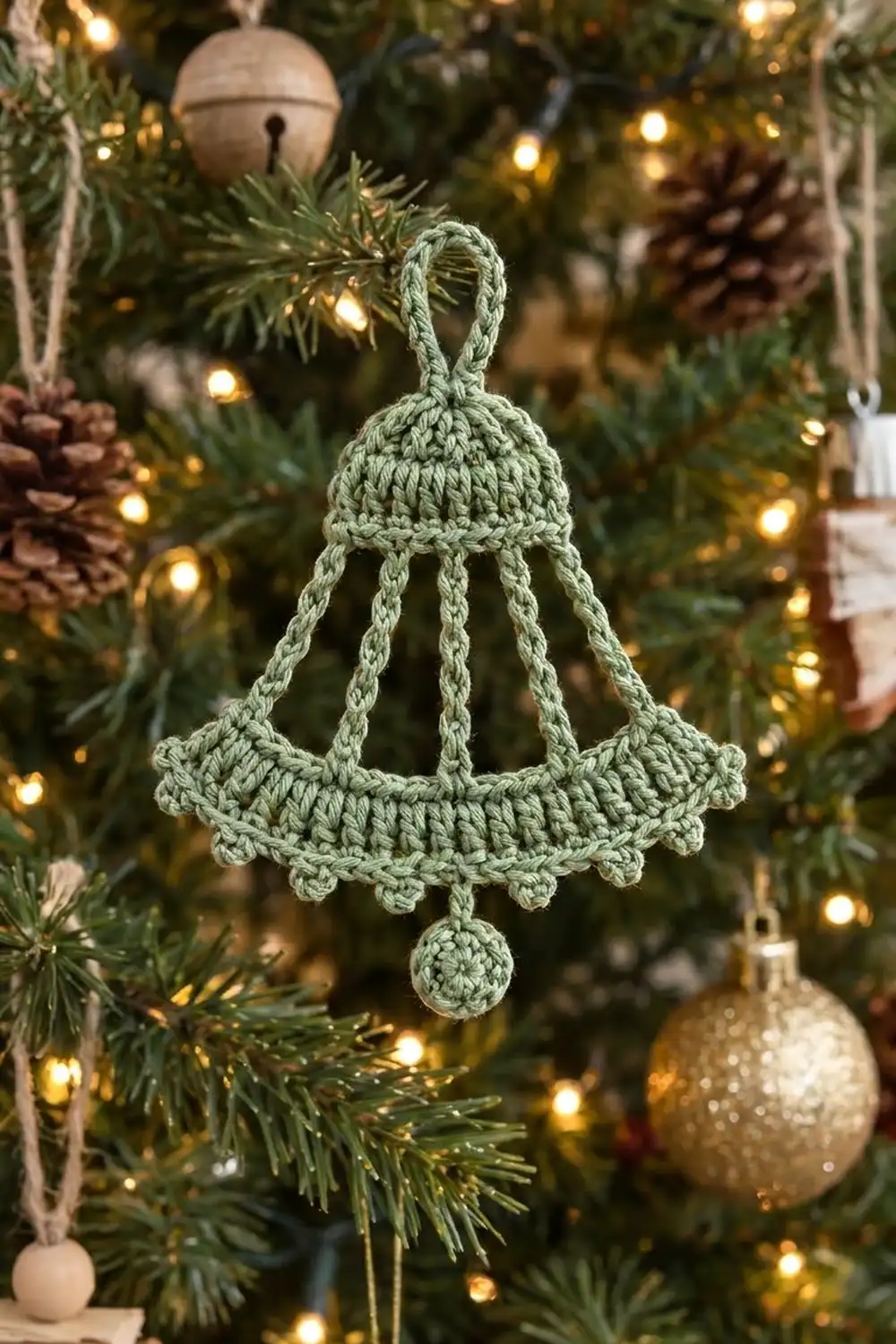 Sage green crocheted bell ornament displayed on festive Christmas tree with warm golden lights and wooden ornaments.