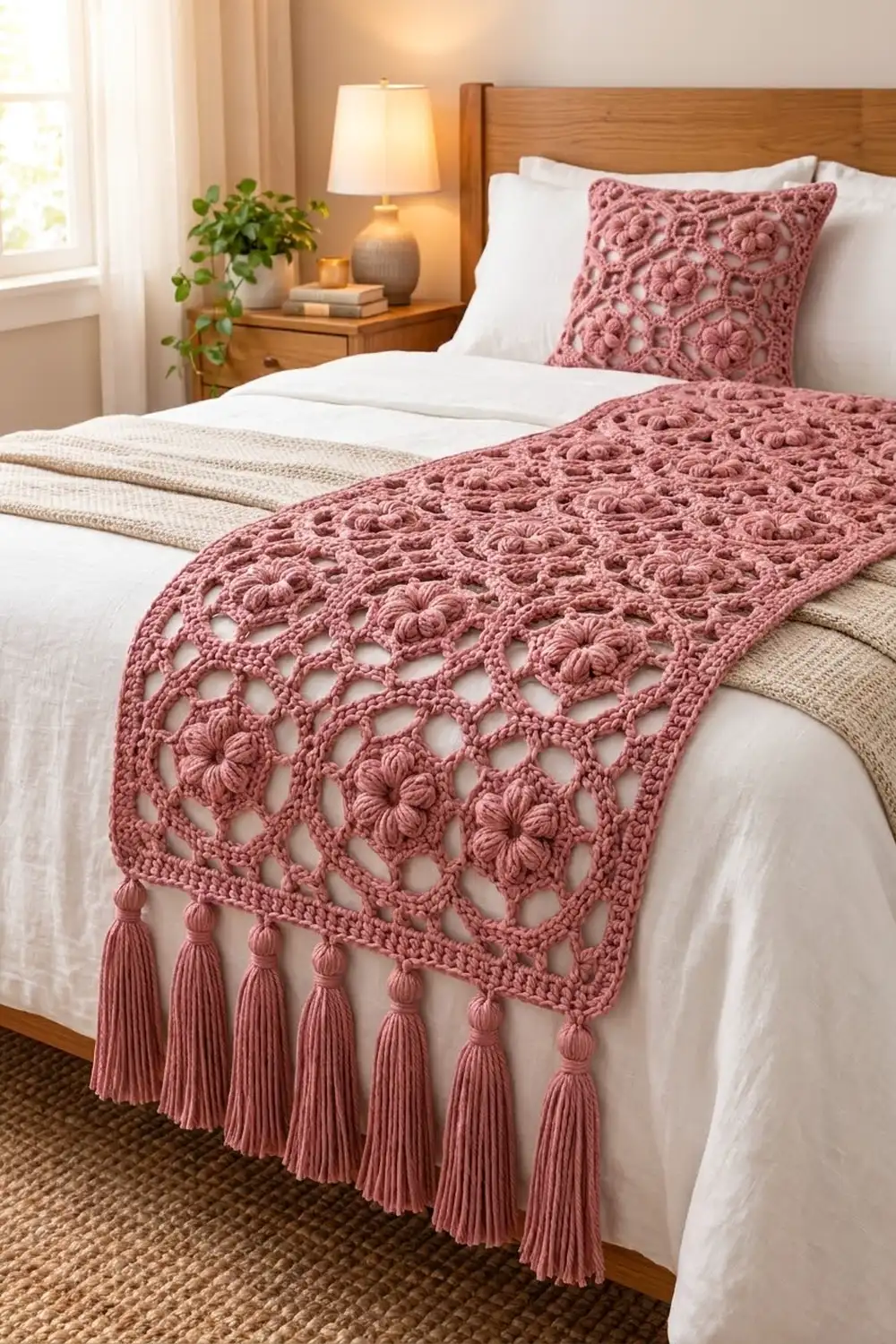 Dusty rose crochet bed runner with lace flowers and tassels draped across a white bed in a warm bedroom.