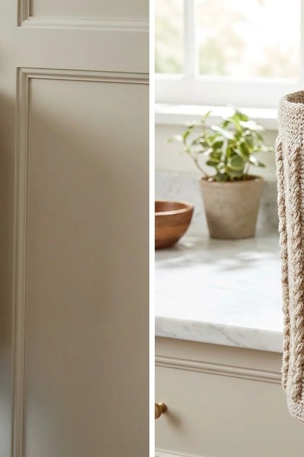 Cream crocheted throw draped on white doorframe with houseplants and wooden bowl on windowsill.