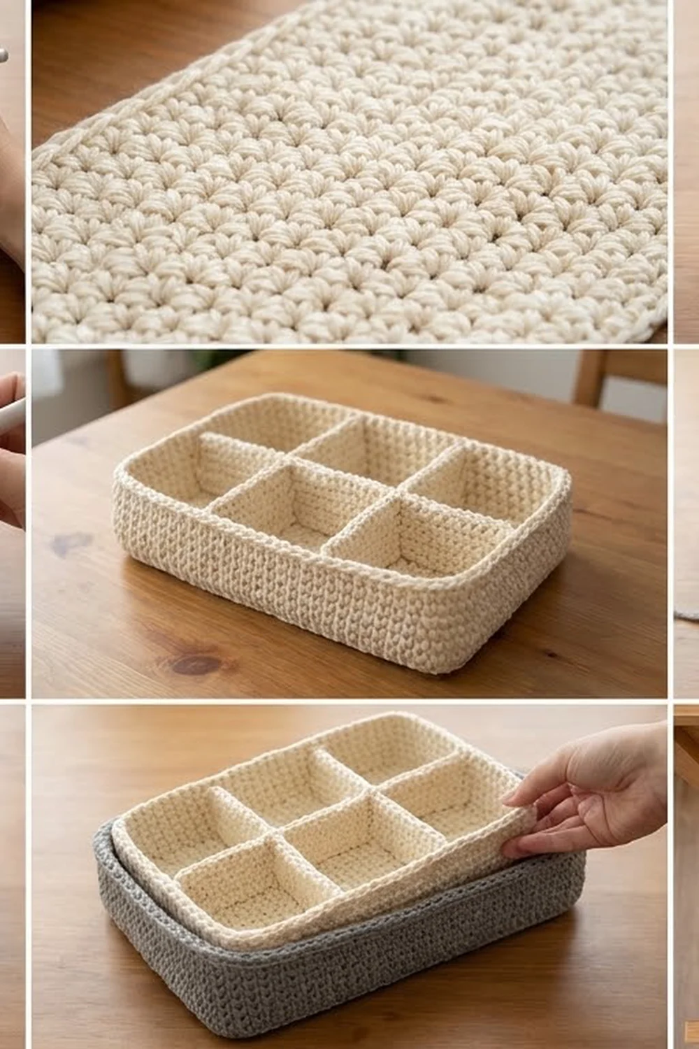 Cream crocheted storage basket with six compartments displayed on wooden table and being held by hand.