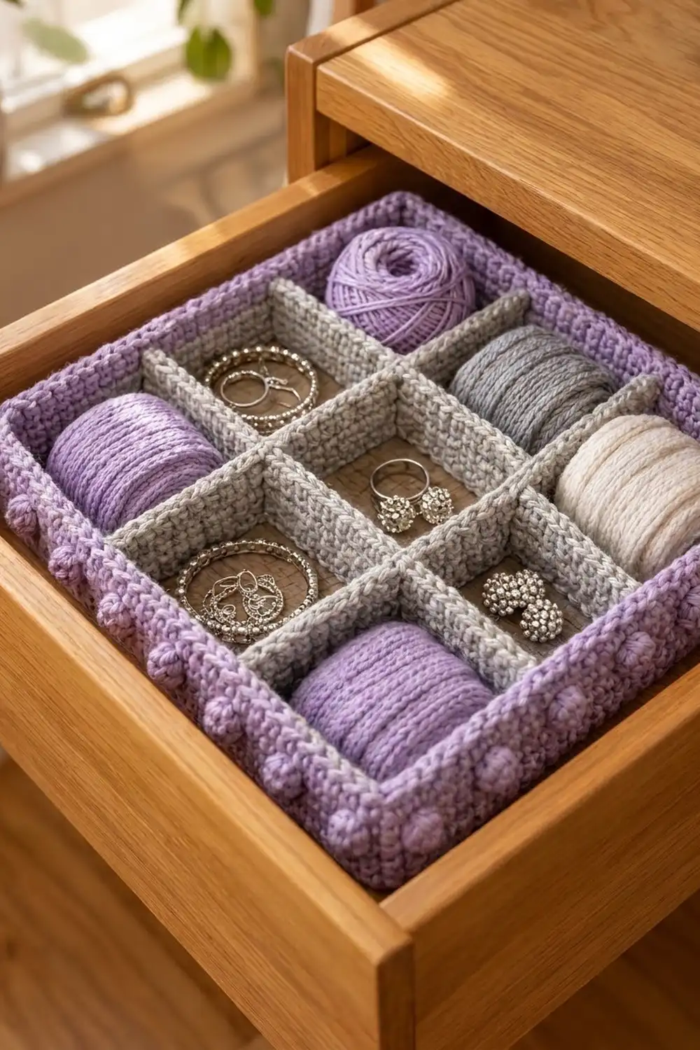 Crocheted storage organizer with purple border and gray dividers holding yarn and silver jewelry in a wooden drawer.