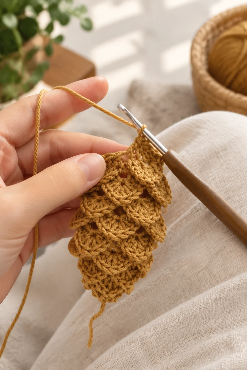 Hands holding a golden crocheted leaf pattern with a crochet hook, resting on cream linen fabric.