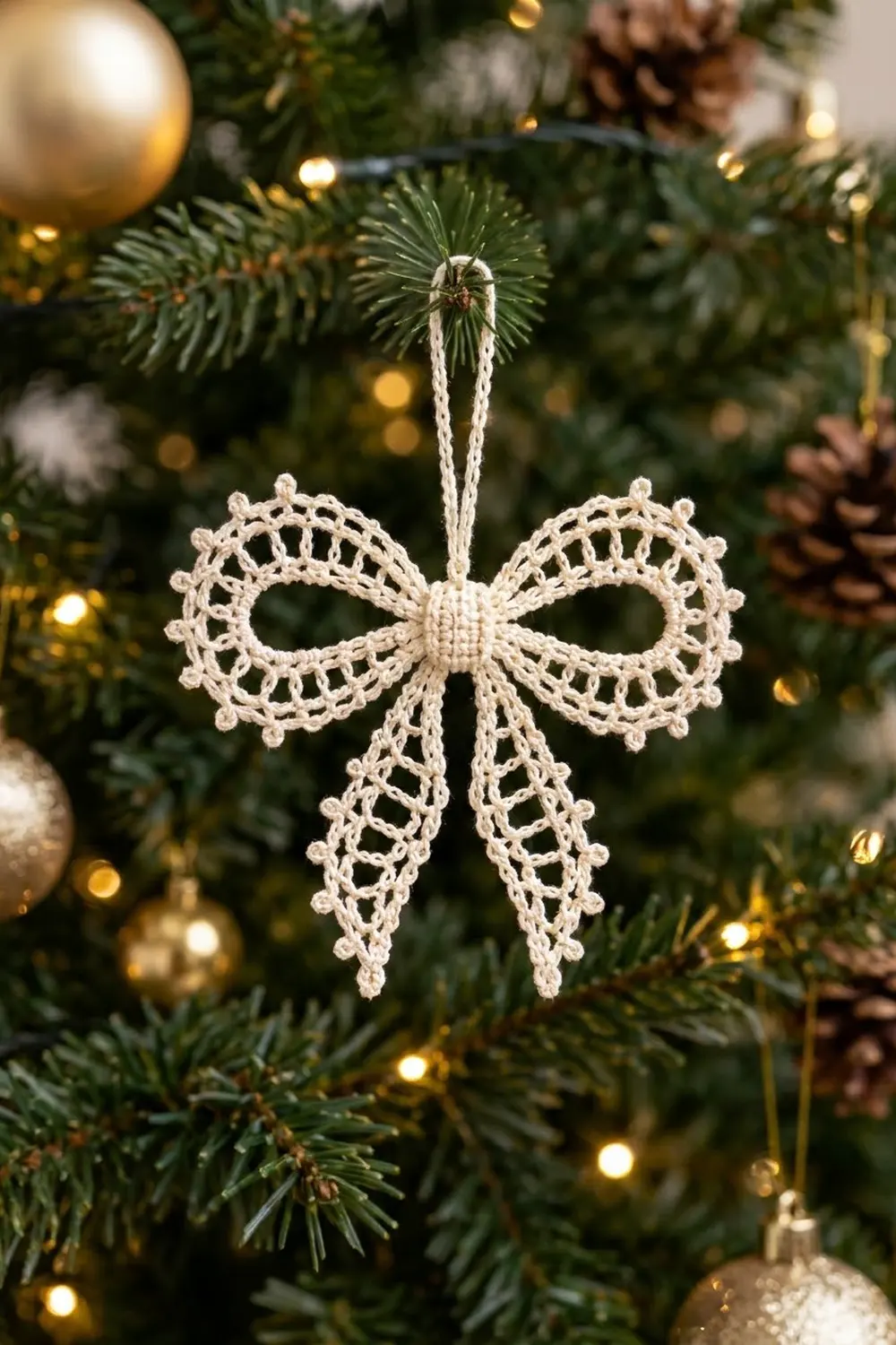 A cream crochet bow ornament with delicate lace detailing hangs on an evergreen tree with gold ornaments and warm lights.
