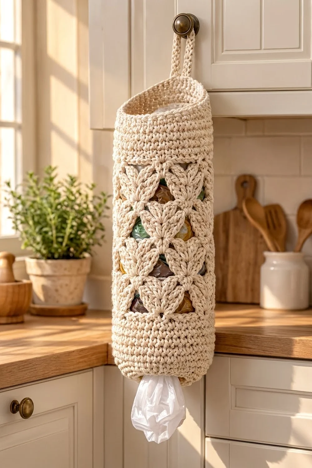 Cream crocheted hanging basket with openwork leaf design holds groceries on a kitchen cabinet in sunlight.