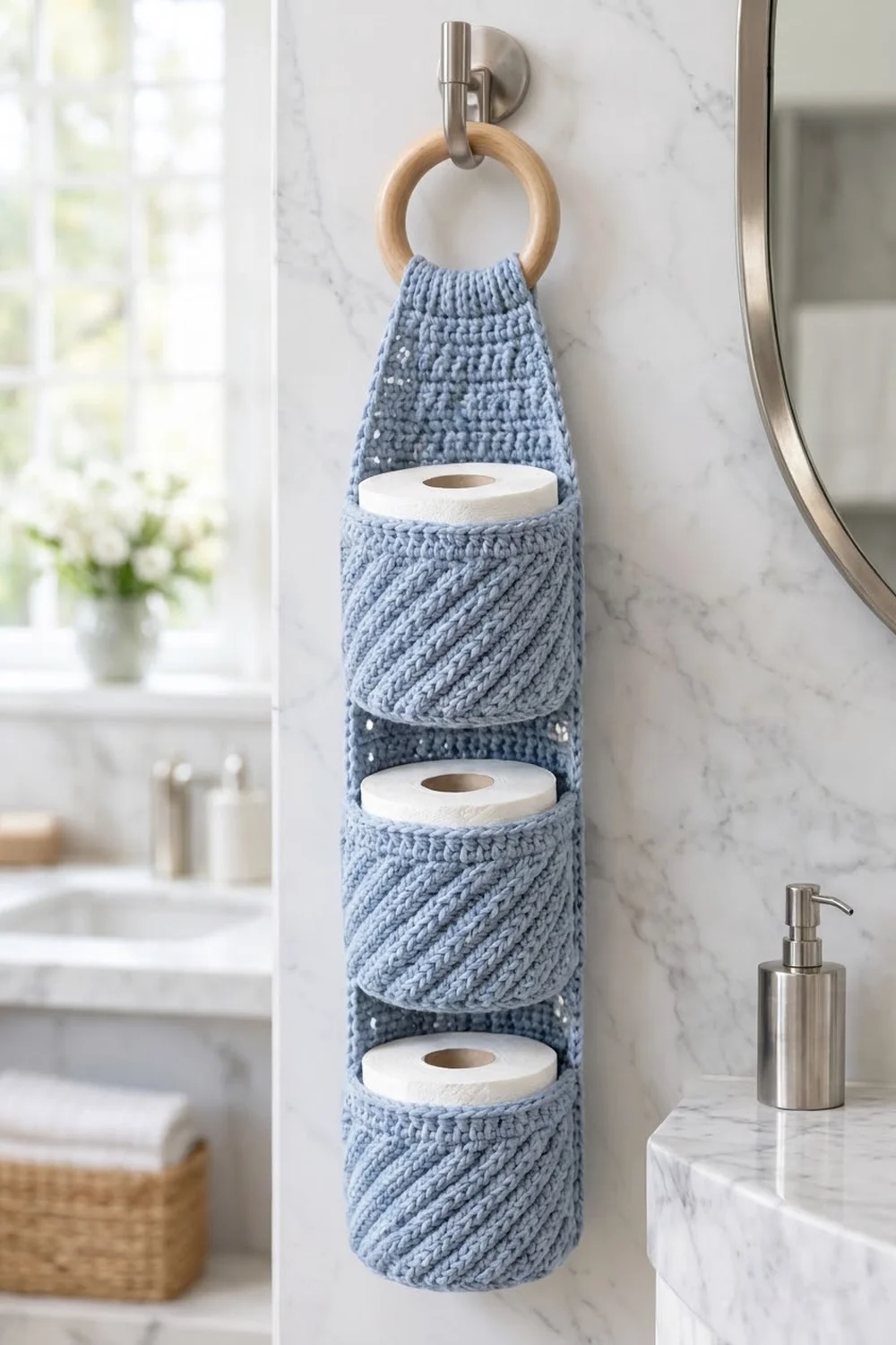 Blue crocheted toilet paper holder with wooden ring hanging on marble bathroom wall, displaying three white rolls.