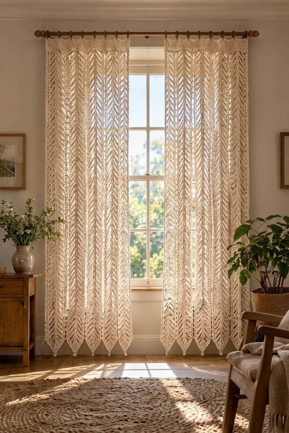 Cream chevron-patterned lace curtains with scalloped edges hang at a tall window in a warmly-lit, traditional living room.