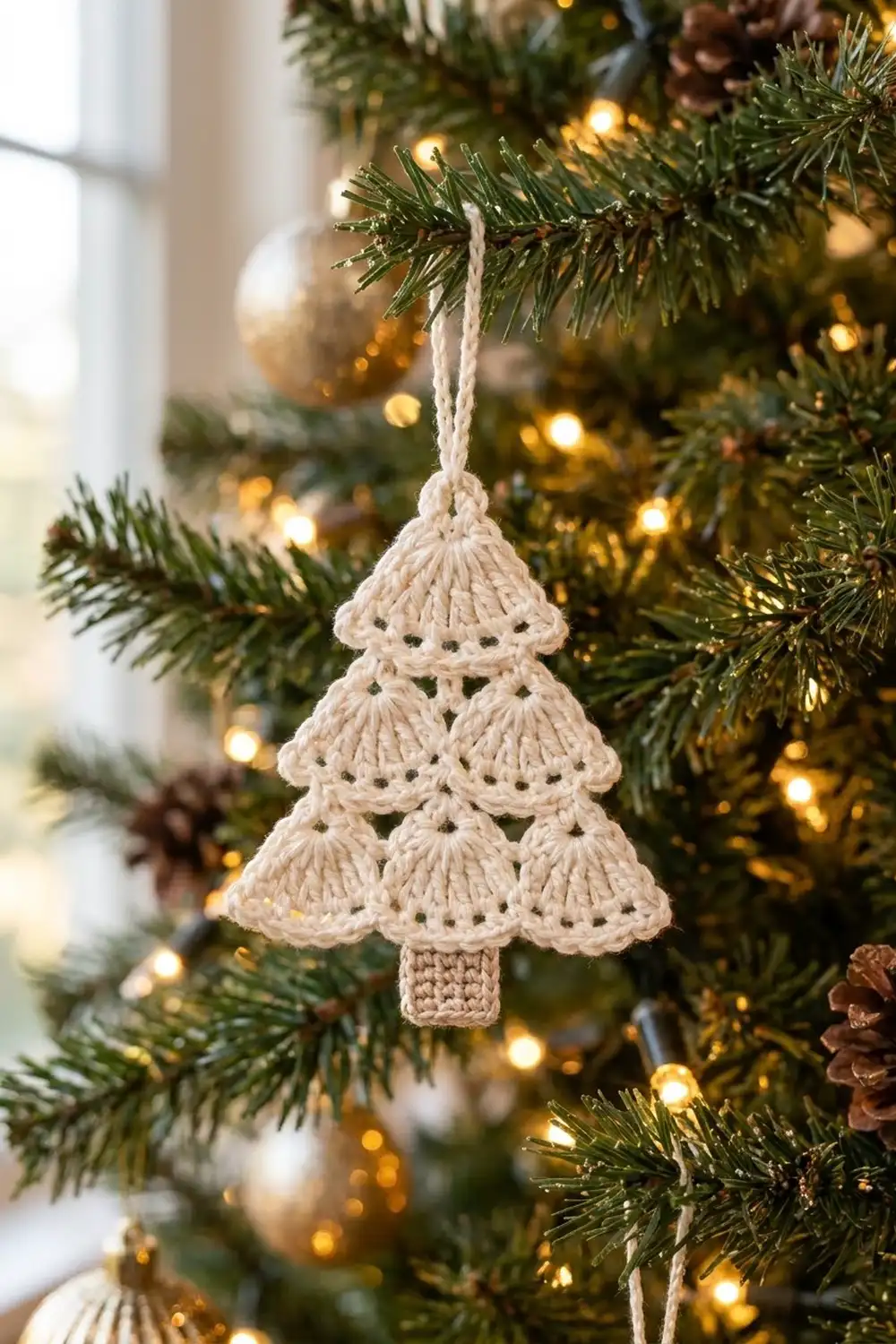 Cream crocheted Christmas tree ornament with layered scalloped design hanging among evergreen branches and golden lights.