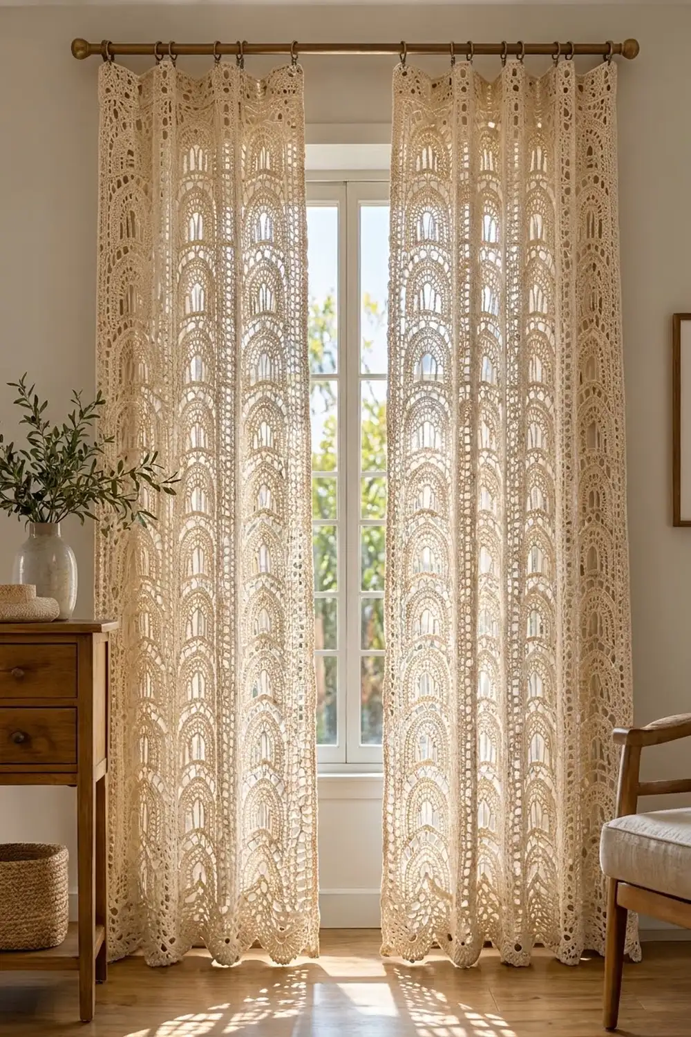 Cream crochet curtains with delicate lace arches frame a bright window in a warm, wooden-filled room.