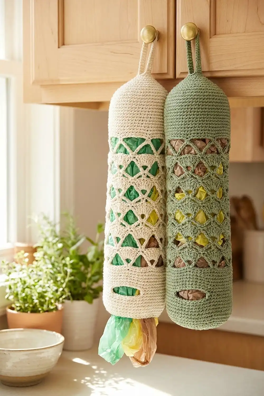 Two crocheted bag holders in cream and sage green with decorative cutouts hang from wooden cabinet knobs in a kitchen.