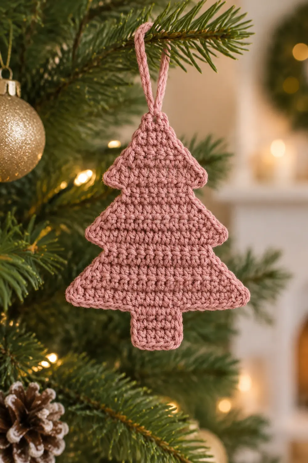 A pink crocheted Christmas tree ornament hanging from evergreen branches with gold baubles and pinecones.