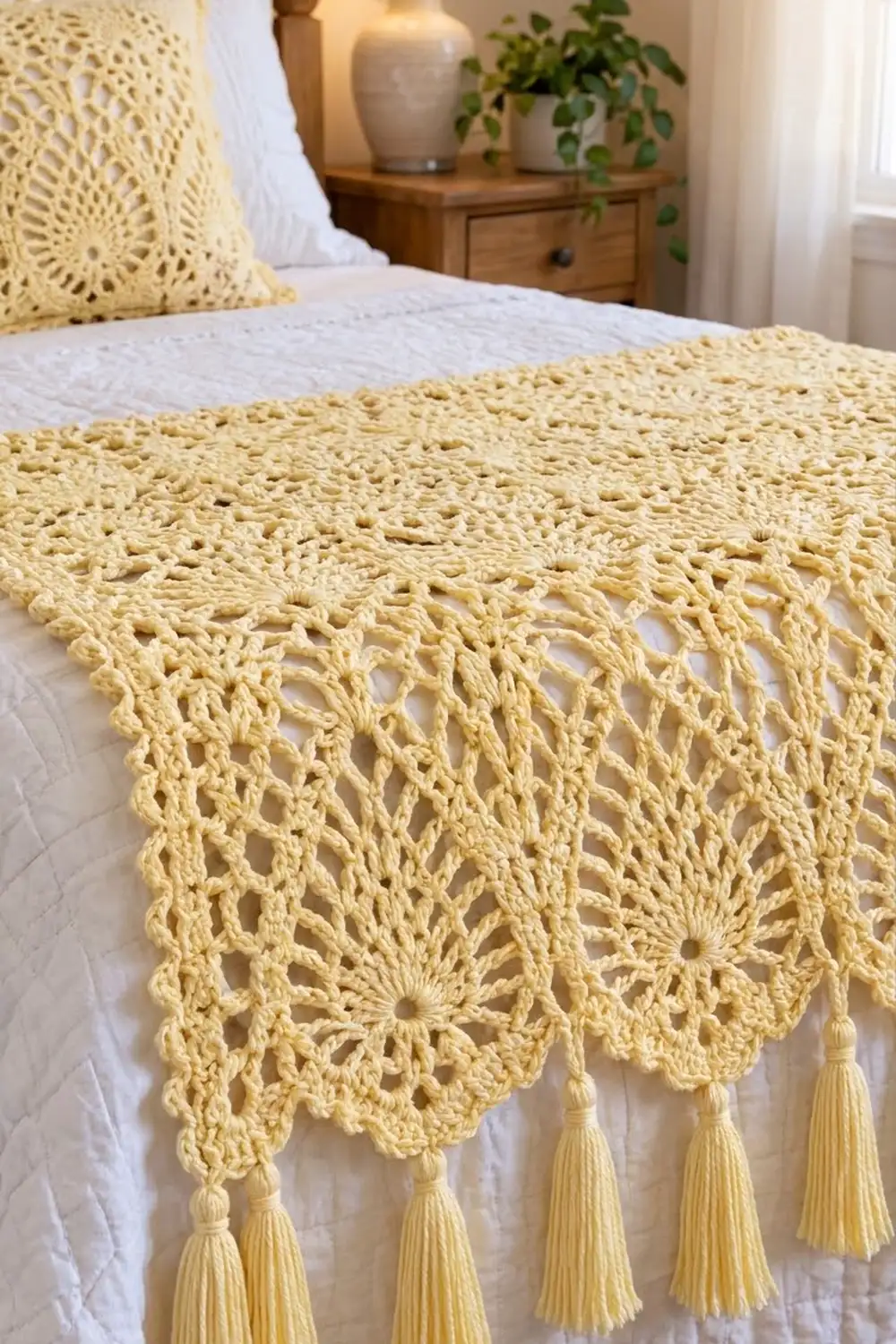 Cream crocheted blanket with open stitch pattern and tassel trim draped over a white bed in a bedroom.