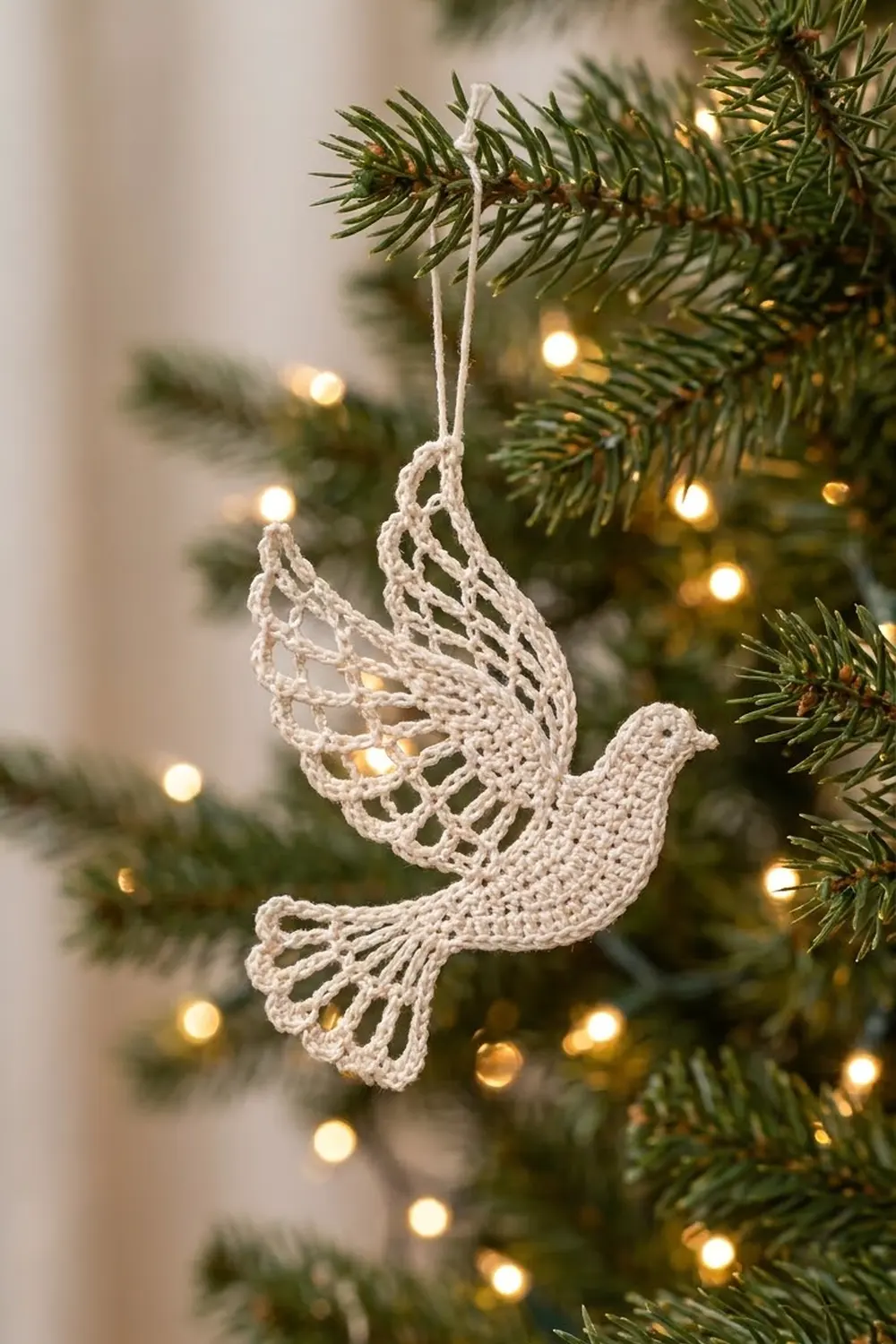 Cream-colored crocheted dove ornament with lacy wings hanging on a lit evergreen Christmas tree.