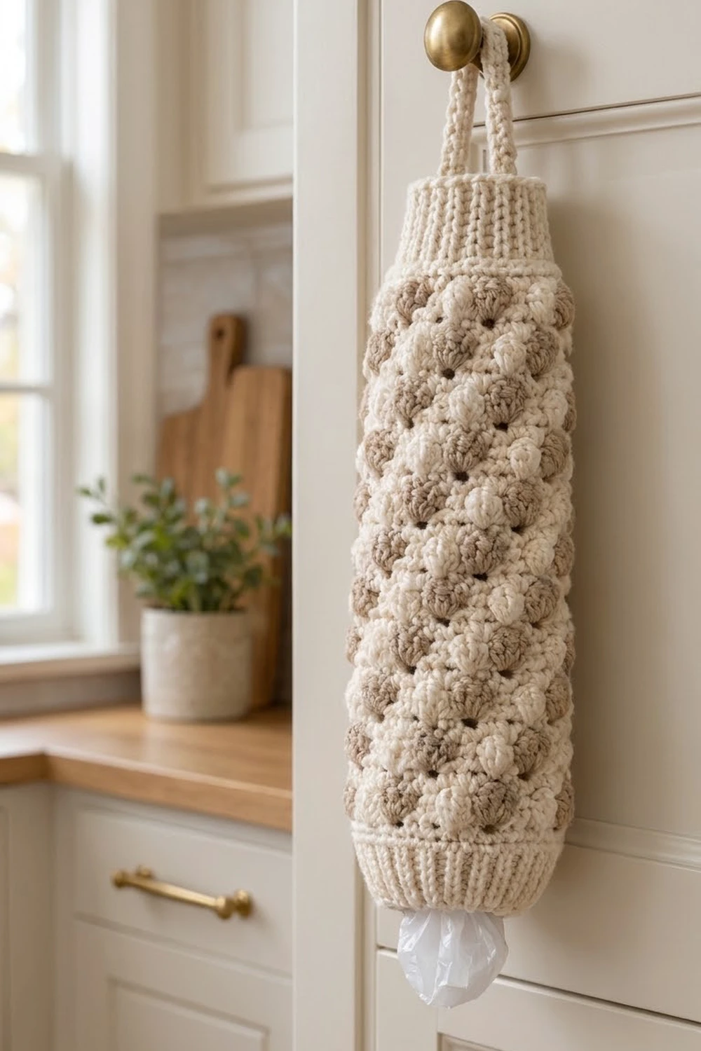 Beige crocheted storage caddy with bobble texture hangs from a brass door knob in a bright, minimalist interior.