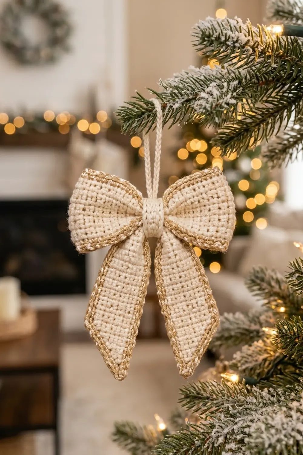 Cream textured bow ornament with long tails hanging from frost-covered evergreen branch amid warm twinkling lights.