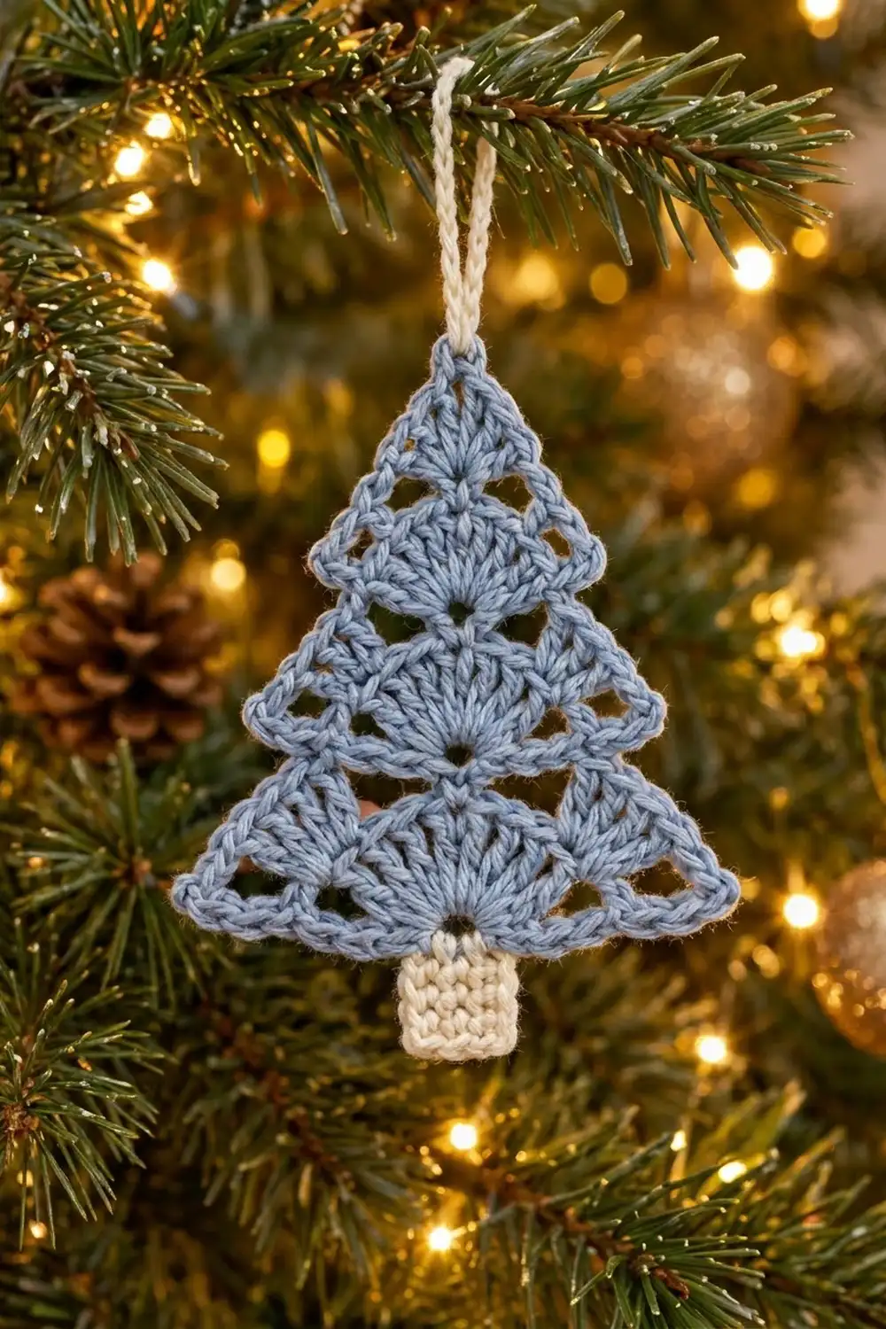 Crocheted pale blue Christmas tree ornament with cream trunk hanging on evergreen bough amid warm golden lights.
