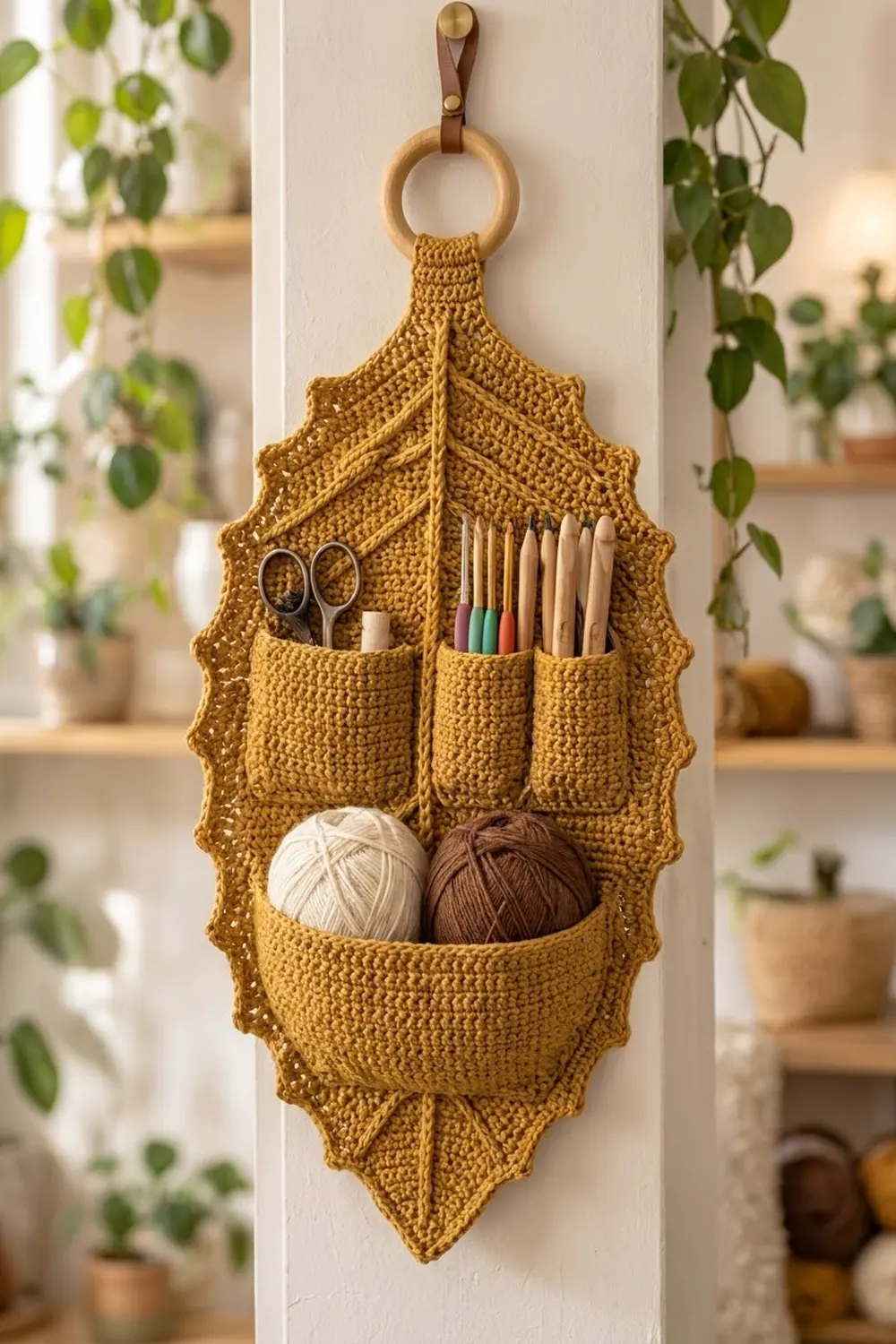 Mustard crocheted leaf organizer holding yarn, scissors, and pencils, hanging on white wall surrounded by potted green plants.
