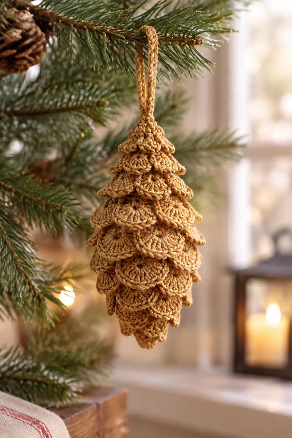 A crocheted golden-tan pine cone ornament hangs from an evergreen branch amid festive holiday candles.