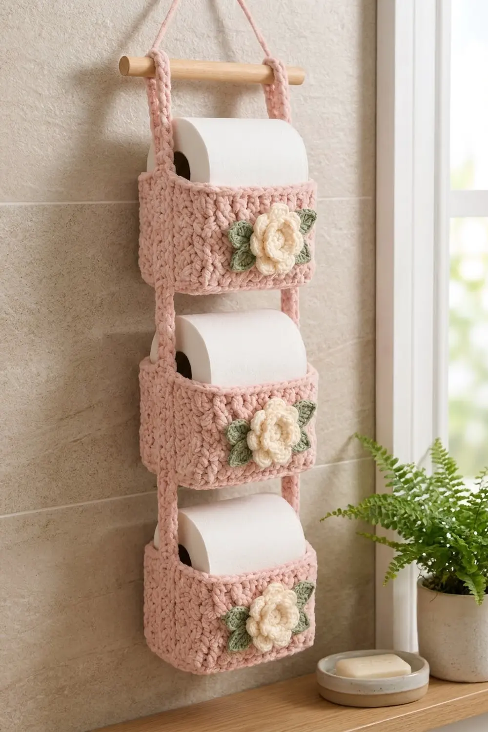 Pink crocheted toilet paper holder with three pouches and cream flowers hangs on a beige bathroom wall beside potted fern.