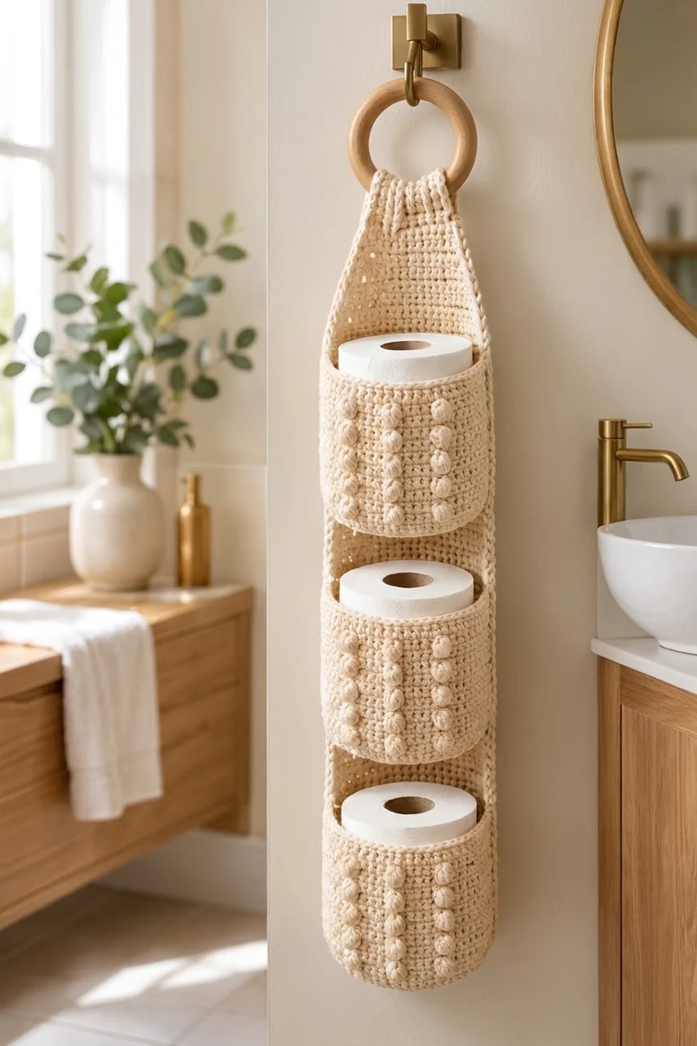 Crocheted cream toilet paper holder with cable knit detailing hanging beside white sink and wood vanity in bright bathroom.