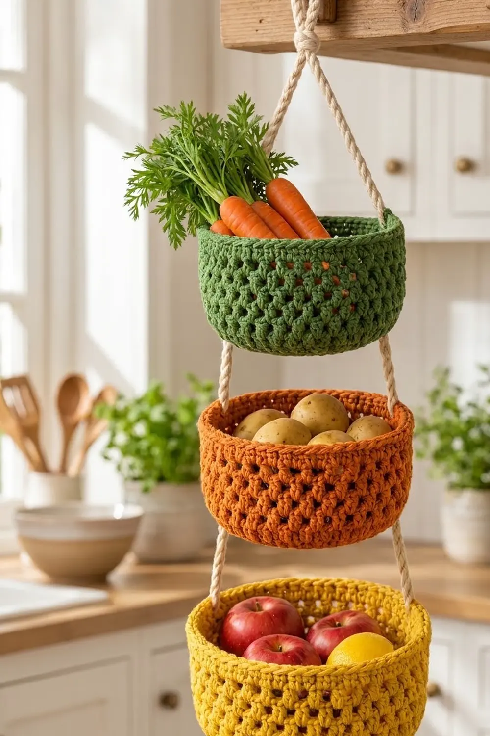 Crocheted tiered hanging basket with green, orange, and yellow baskets storing fresh produce in kitchen.