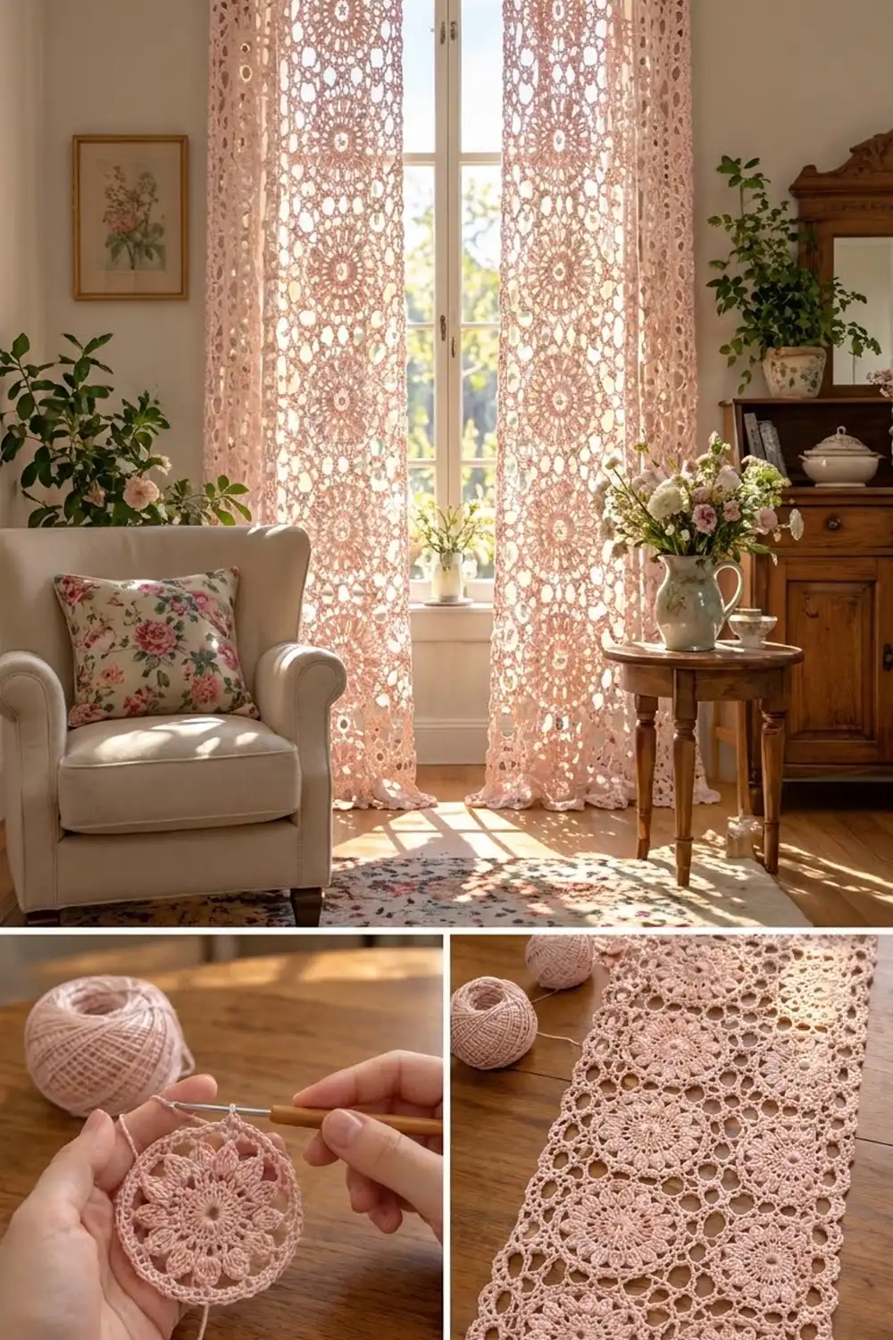 Blush-pink crocheted lace curtains with intricate doily patterns hang at a sunlit window in a vintage-styled room.