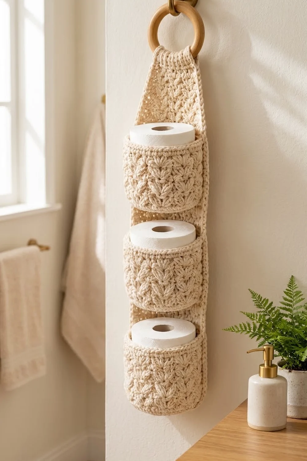 Cream crocheted toilet paper holder hanging on bathroom wall beside fern plant, holding white rolls.