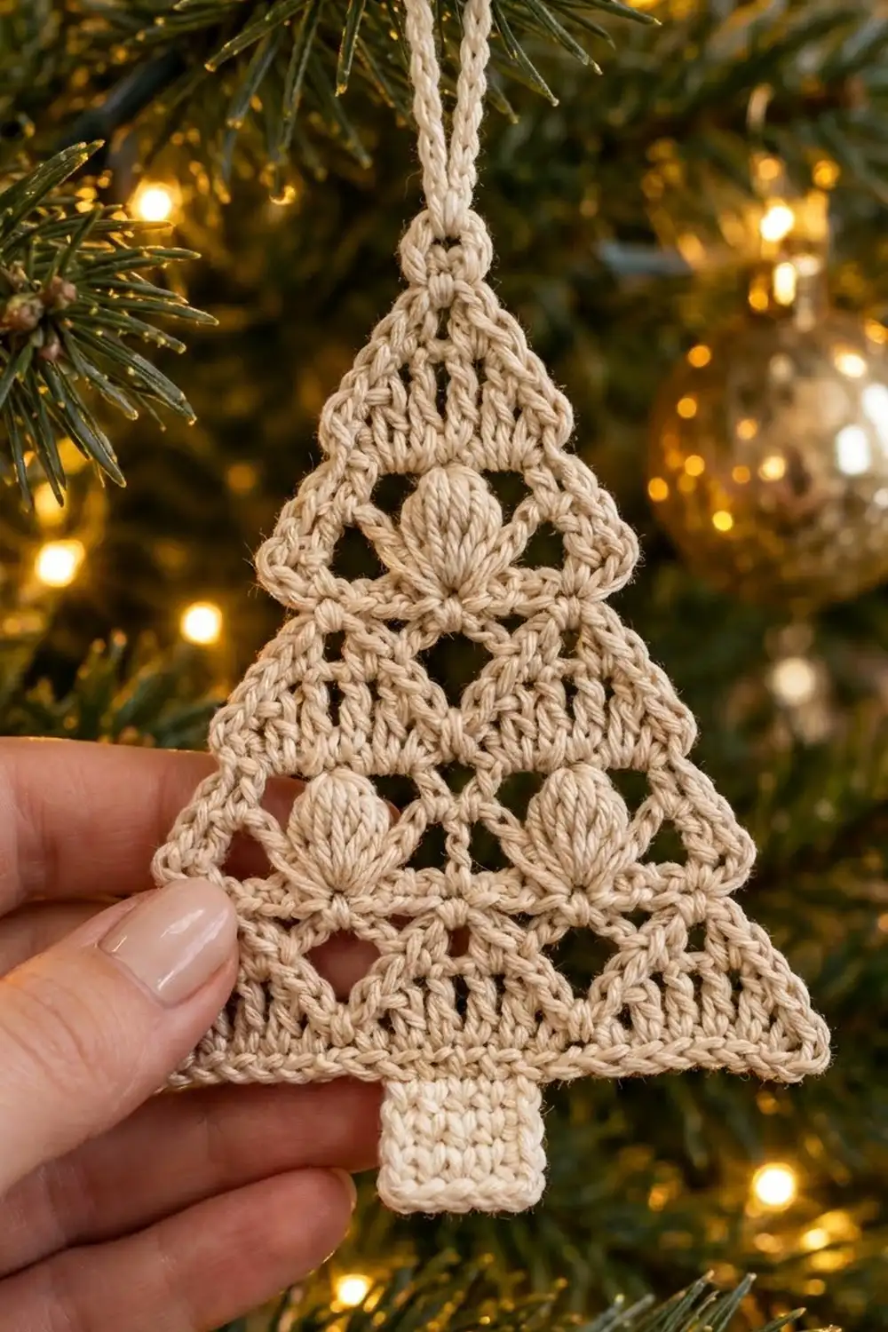 Cream crocheted Christmas tree ornament with lacy openwork, held against a green evergreen tree with warm golden lights.