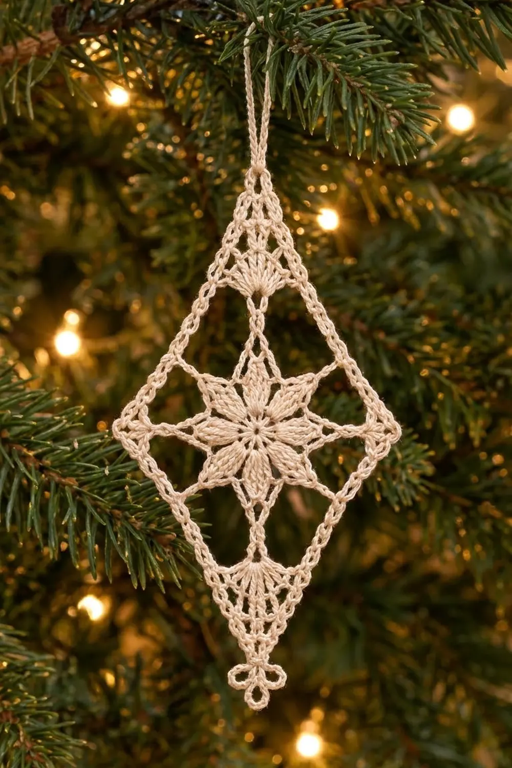 Cream crocheted diamond ornament with star pattern hangs on evergreen tree amid warm twinkling lights.