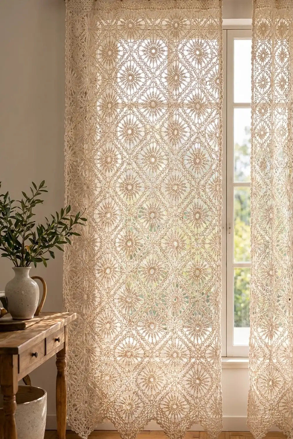 Delicate cream lace curtains with intricate geometric sunburst pattern soften light at a window in a warm, styled room.