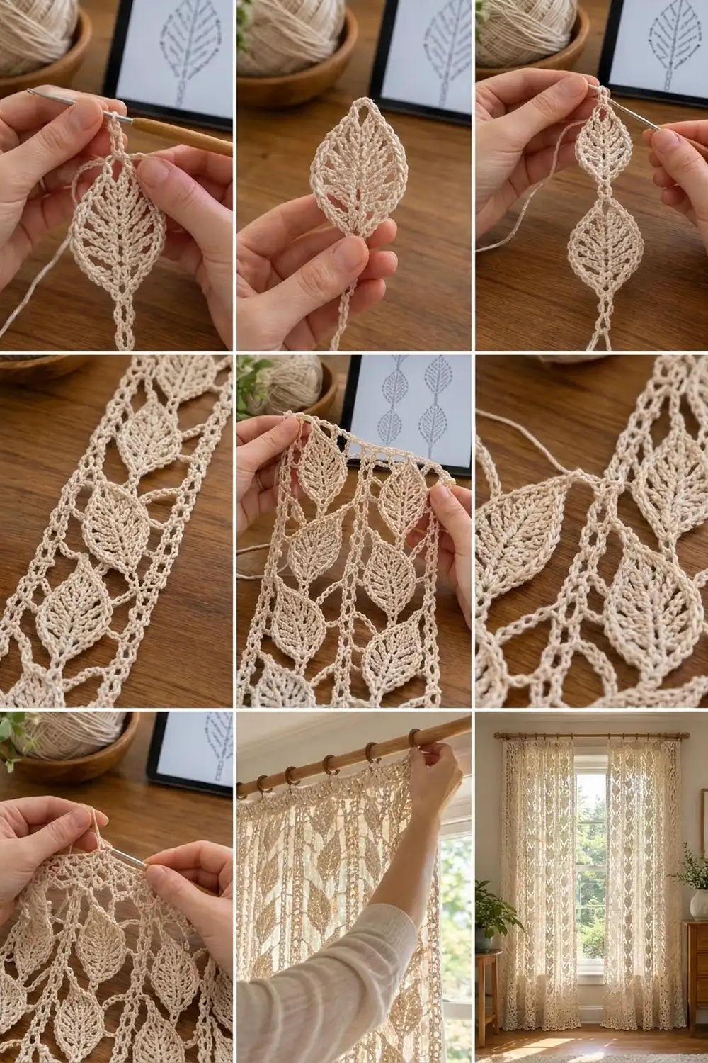 Cream crocheted lace curtains with delicate leaf motifs hang on a bright, sunlit window.