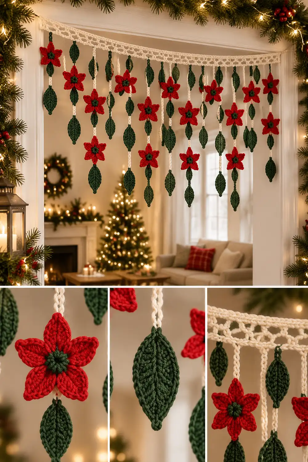 Crocheted red flowers and green leaves hanging from white twine garland decorating a window above a fireplace.