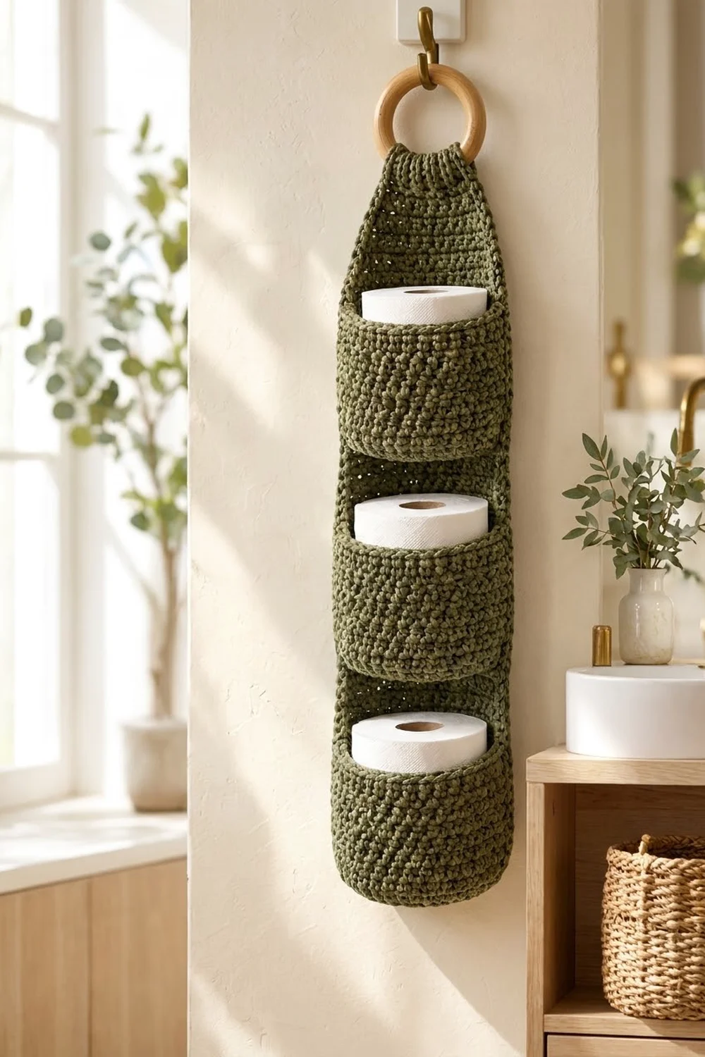 Sage green crocheted wall organizer with wooden ring, holding toilet paper rolls, displayed in a bright, plant-decorated bathroom.