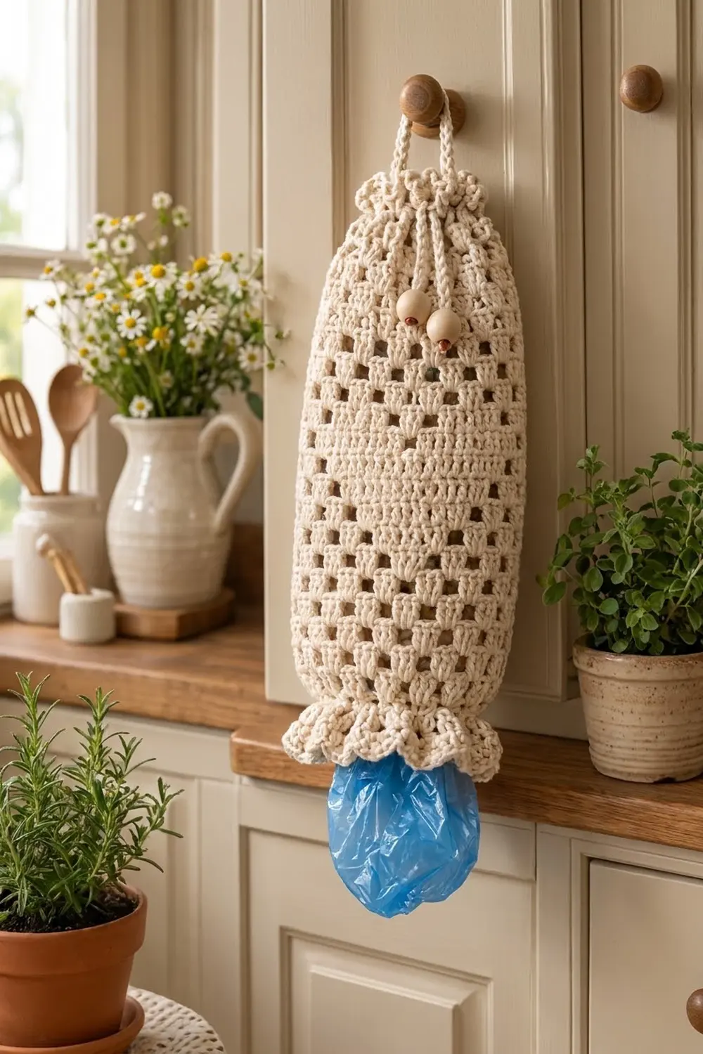 Cream crocheted bag with geometric openings and blue lining displayed on kitchen wall surrounded by potted plants.