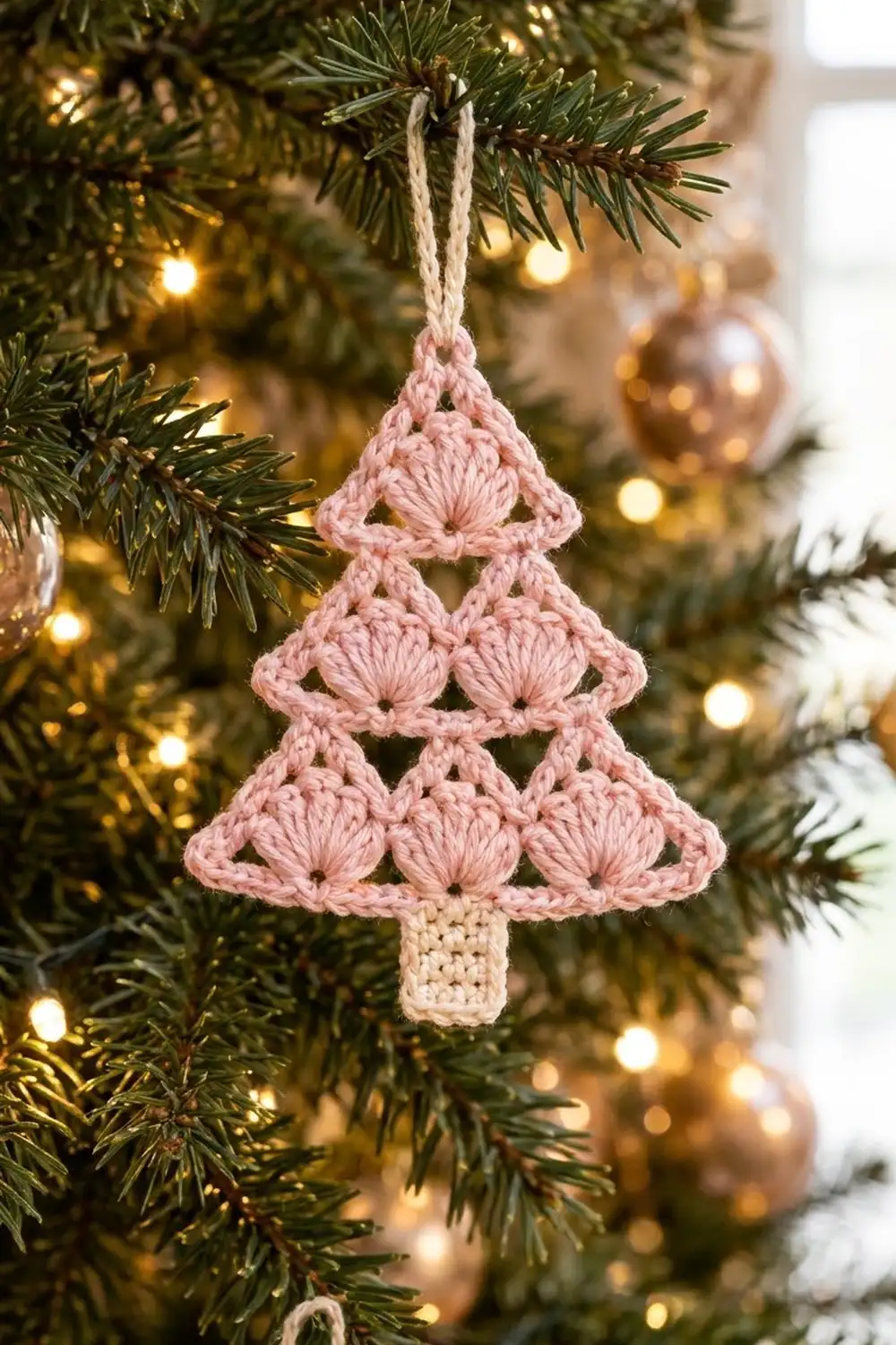 Pink crocheted Christmas tree ornament with cream trunk hanging on a decorated evergreen branch with golden lights and pearl ornaments.