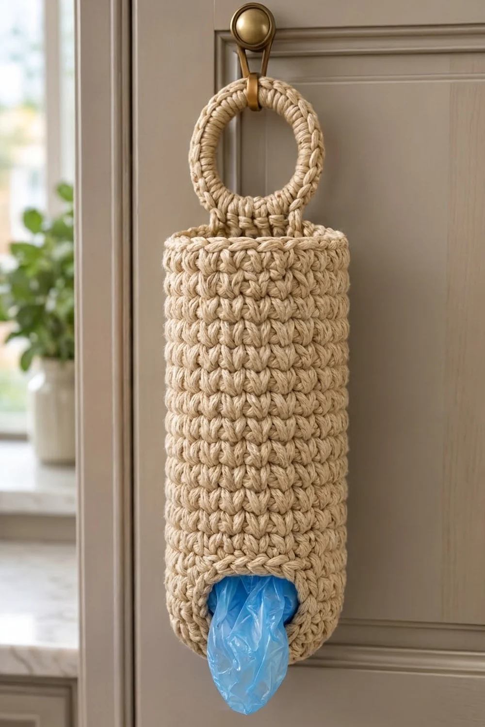 Cream-colored crocheted bag dispenser with rope loop and brass hook hanging on a white door in bright natural light.