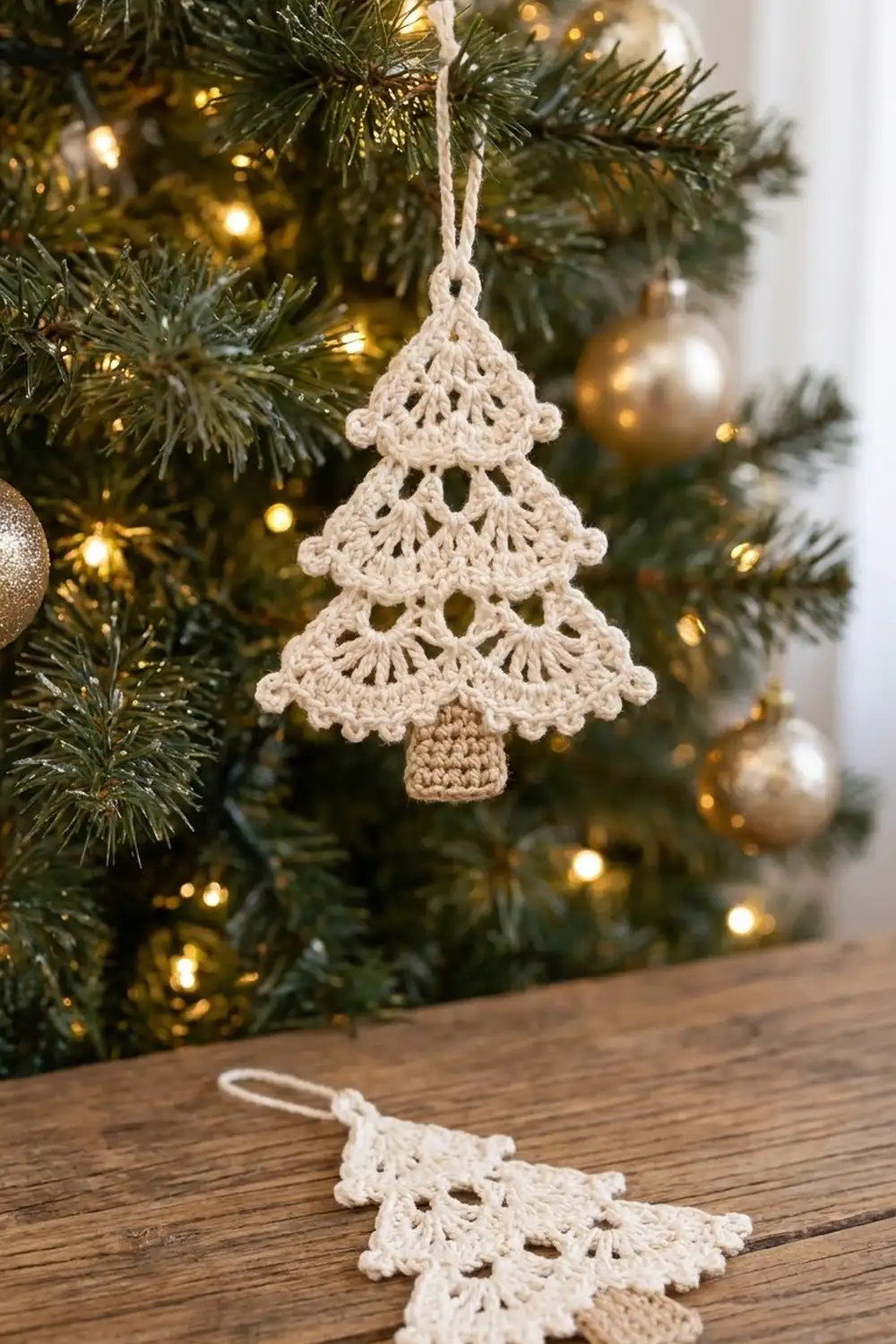 Cream-colored crocheted Christmas tree ornament hangs on evergreen branch with golden lights and pearl ornaments.