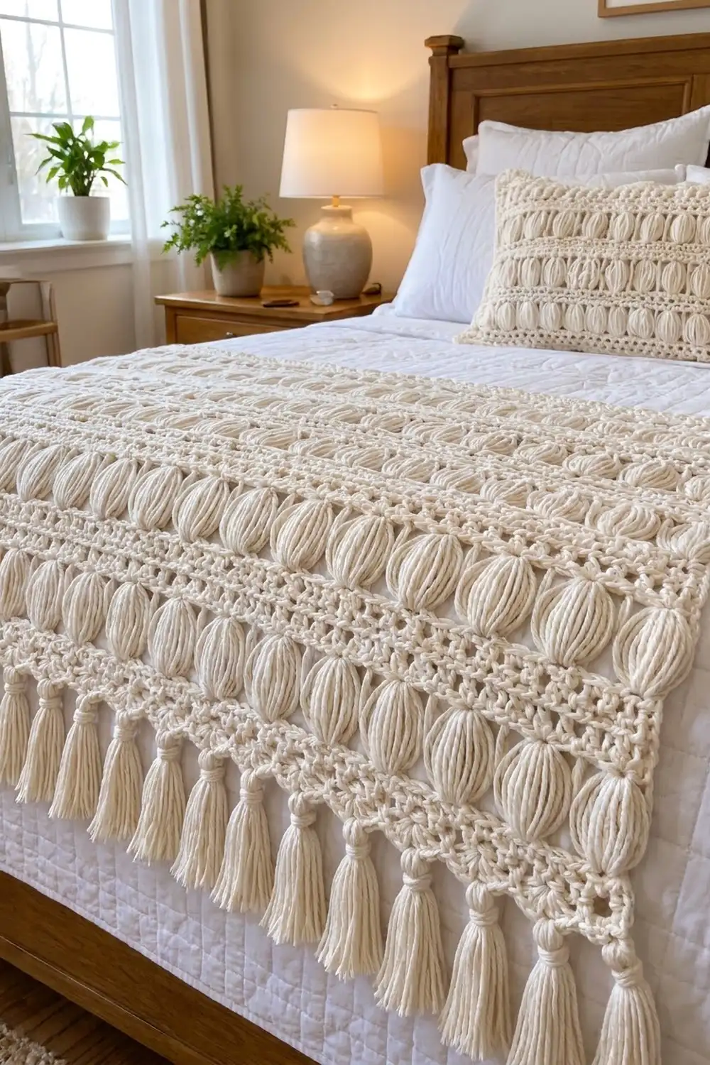 Ivory crocheted blanket with textured pattern and tassel fringe draped across a bed with white bedding in a sunlit bedroom.