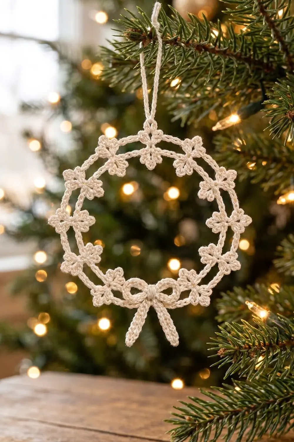 Cream-colored crocheted flower wreath ornament hanging on evergreen tree branches with golden lights in background.