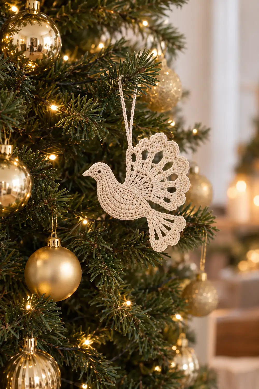 A cream crocheted dove ornament hangs on a Christmas tree decorated with gold baubles and warm white lights.