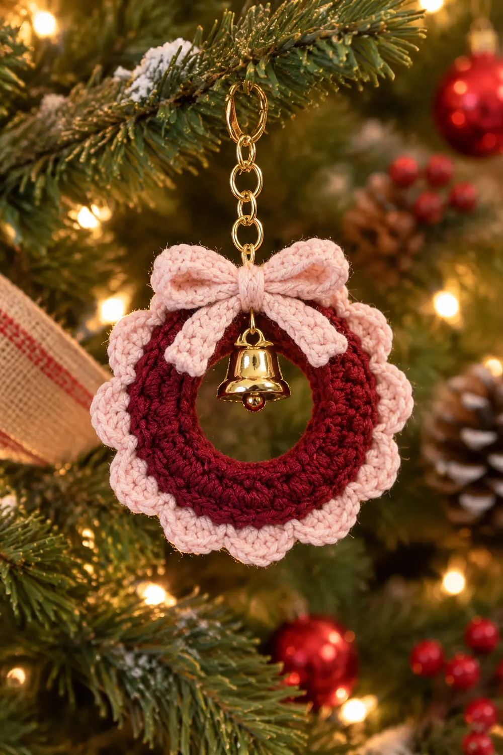 A crocheted wreath ornament with pink bow and gold bell hangs from an evergreen branch amid twinkling lights.