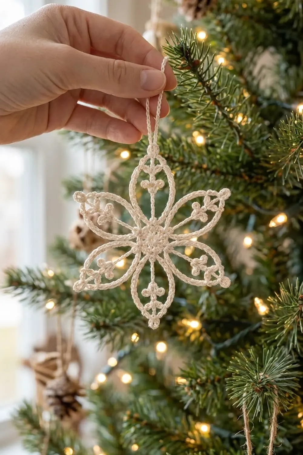 Hand displaying a delicate cream crocheted snowflake ornament hanging before a lit Christmas tree with golden lights.
