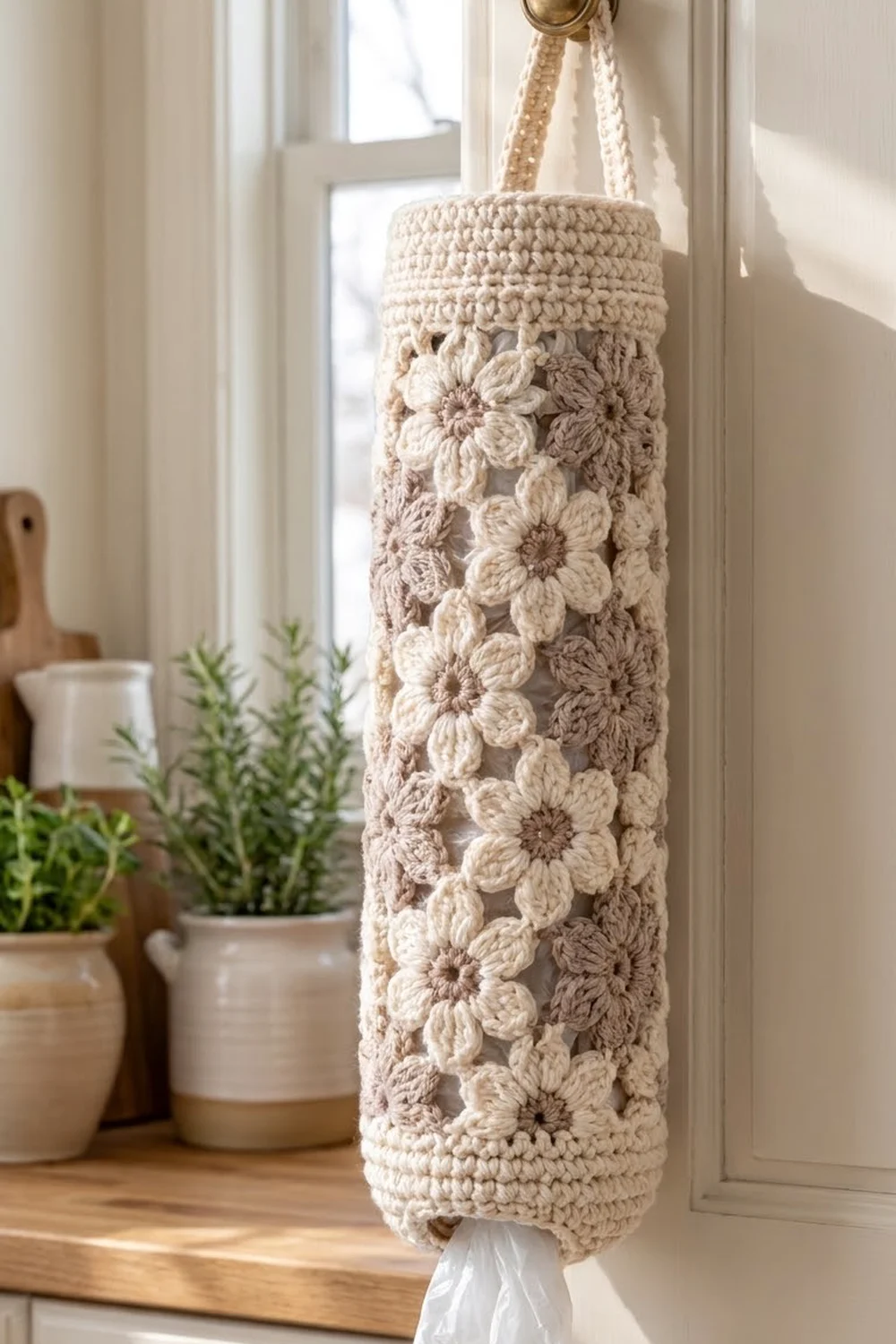 Cream crocheted hanging organizer with tan flowers suspended by rope handles displays a potted herb beside a sunny window.