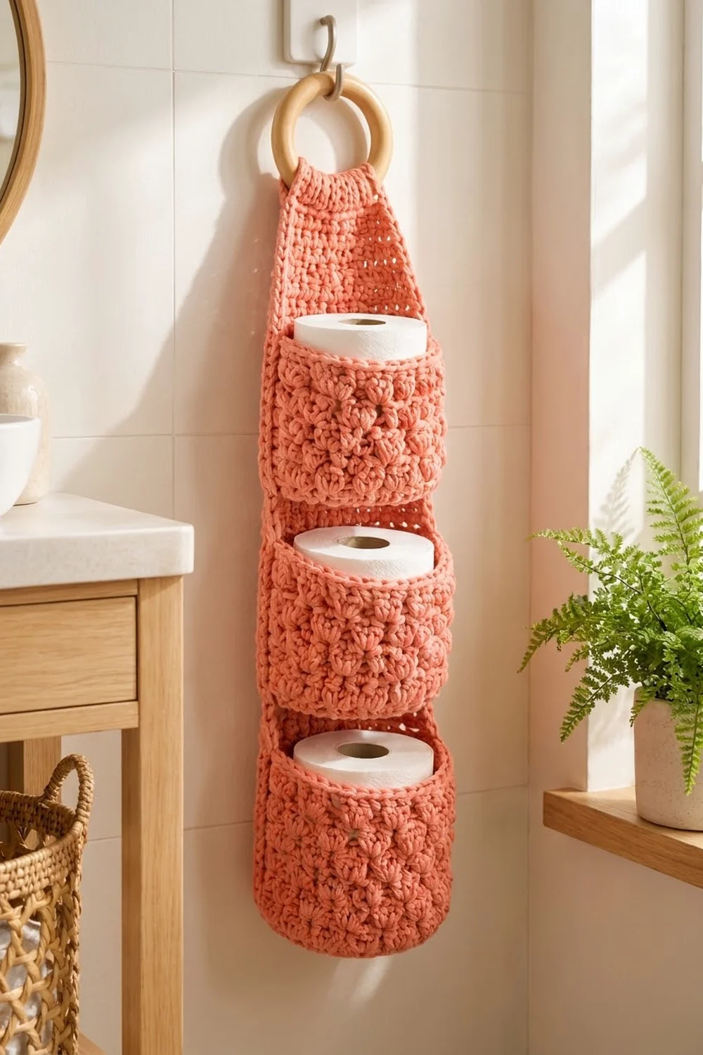 Coral crocheted toilet paper holder with three white rolls hung on wooden ring against cream tile bathroom wall.