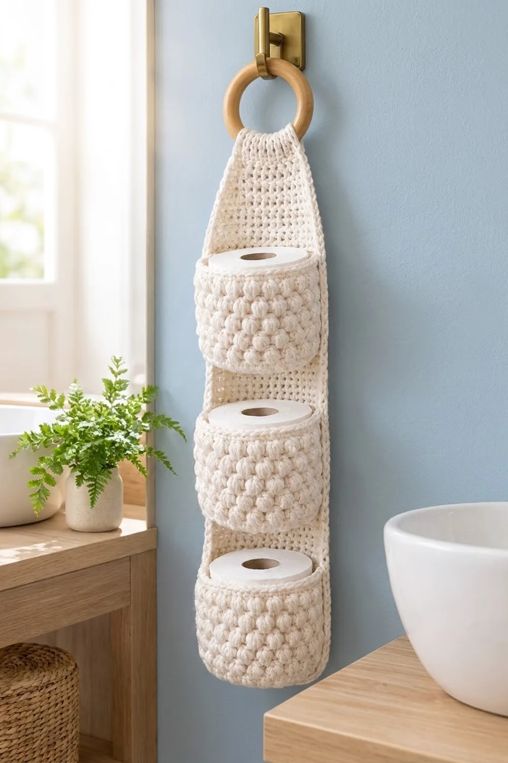 Cream crocheted toilet paper holder with wooden ring handle mounted on light blue wall beside potted green fern and toilet.
