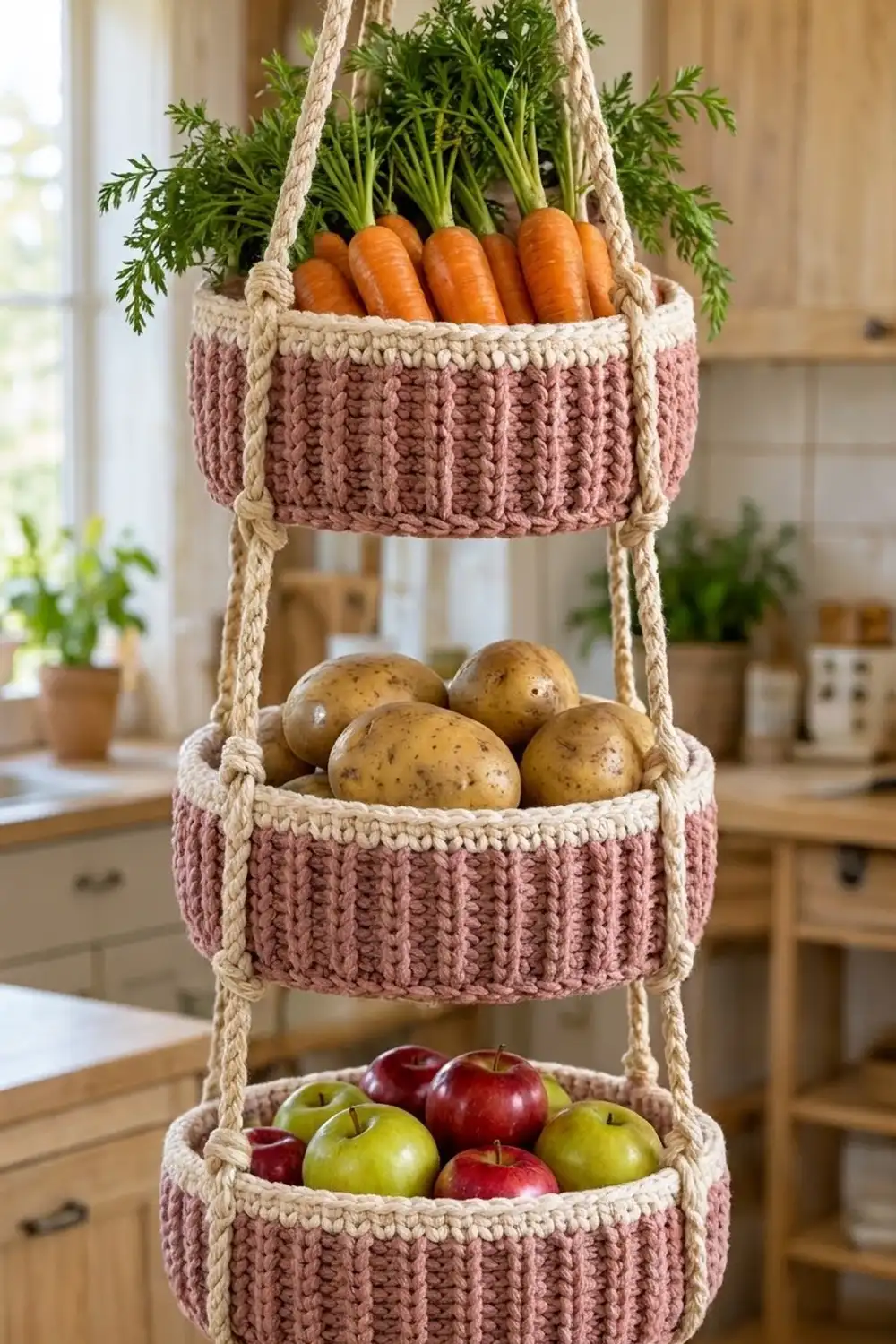 A three-tier hanging crochet basket in dusty pink displays fresh carrots, potatoes, and apples in a sunlit farmhouse kitchen.