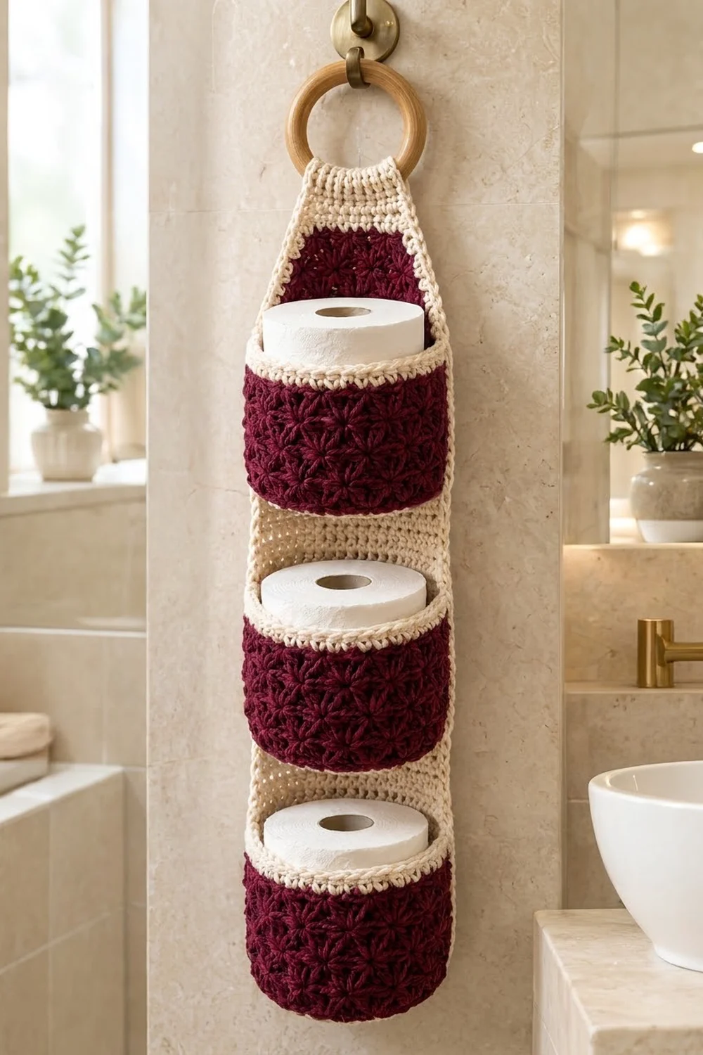 Burgundy and cream crocheted toilet paper holder hanging in a modern bathroom between potted greenery.