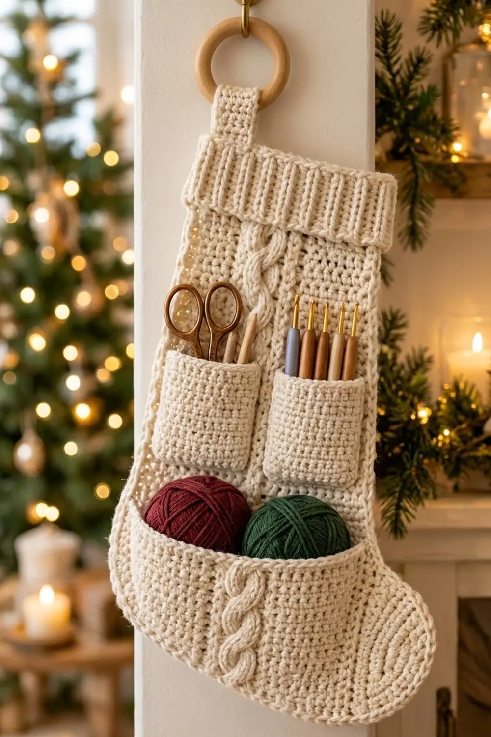 Cream-colored crocheted stocking filled with burgundy and green yarn balls, scissors, and wooden hooks, hanging in festive holiday setting.