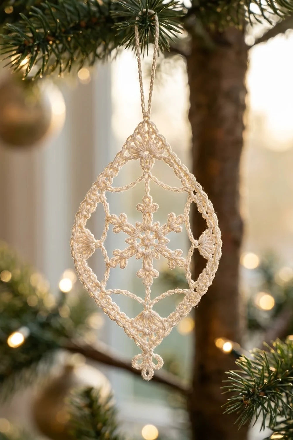 Beige crochet ornament with diamond and snowflake design hanging from evergreen branch amid warm golden holiday lights.